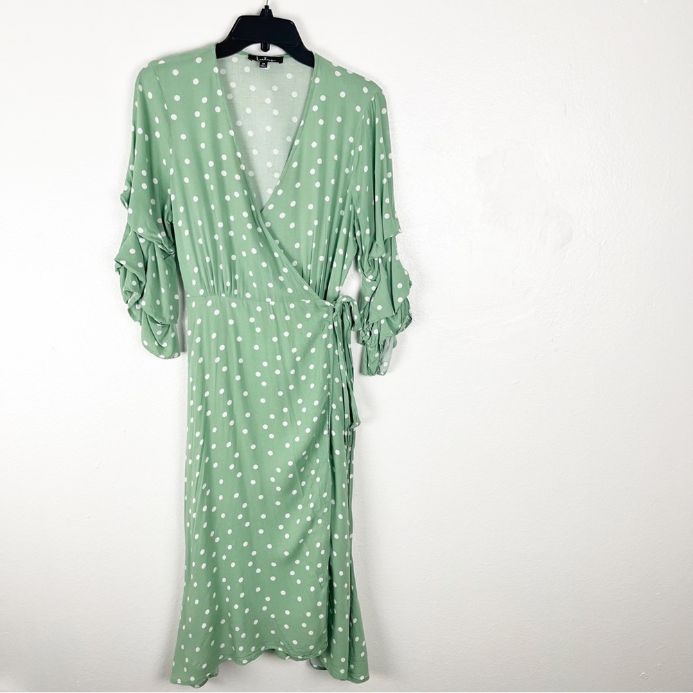 LULUS Green White Polka Dot Ruffled Sleeves Wrap Dress Size Medium Brunch